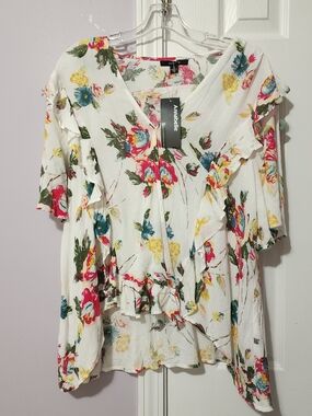 Annabelle White Floral Ruffle V-Neck Tunic with Multicolor Blooms